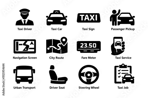 Taxi icons: driver, car, sign, passenger, navigation, route, fare meter, service, urban, transport