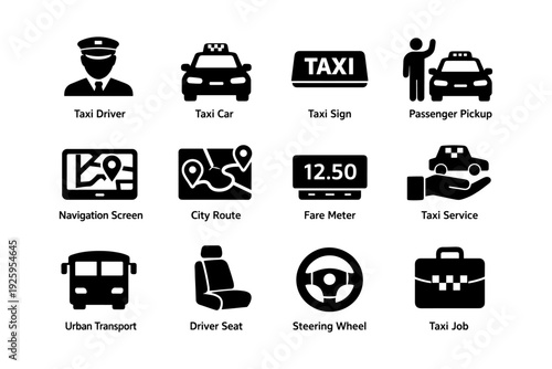 Taxi services icons: driver, car, sign, navigation, fare meter, transport