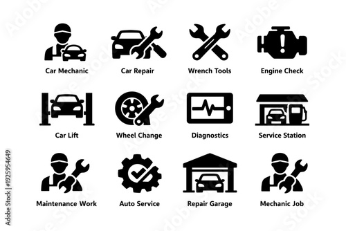 Car repair icons: mechanic, tools, diagnostics, service station, auto maintenance