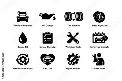 Car maintenance icons: oil change, tire rotation, brake check, service tools, schedule