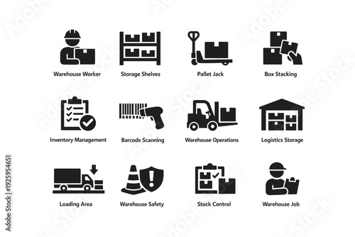 Warehouse icon set: worker, equipment, safety, and logistics illustrations