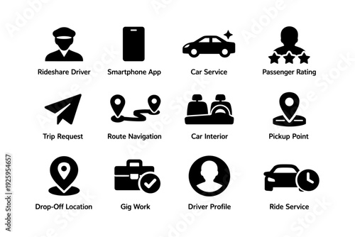 Rideshare app icons: driver, navigation, car interior, pickup, rating, drop-off, gig work
