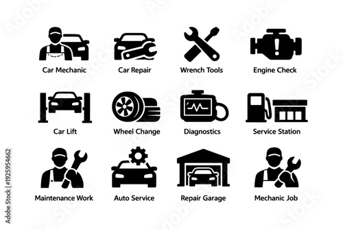 Automotive icons showing car mechanic tools and services