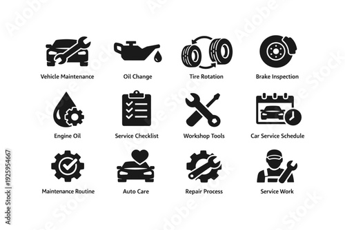 Car maintenance icons: oil change, tire rotation, brake inspection, service checklist