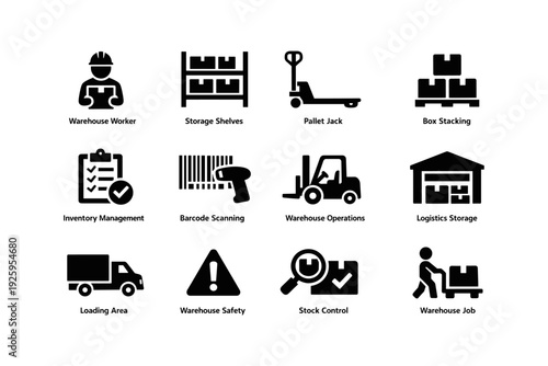 Warehouse icons: worker, storage shelves, pallet jack, box stacking, inventory management