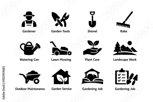 Garden work icons: tools, lawn mowing, plant care, landscape, maintenance