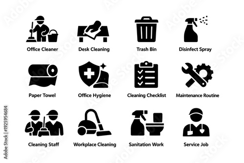 Office cleaning and maintenance icons: hygiene, sanitation, and organization symbols