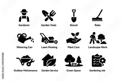Gardening tools and services icons: gardener, shovel, rake, lawn mowing, plant care