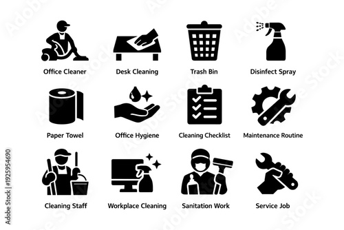 Icons of cleaning activities and tools for office hygiene and maintenance