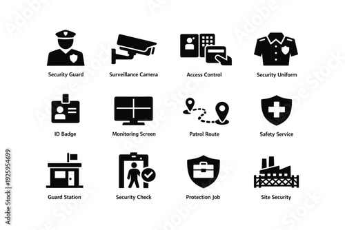 Security icons set: surveillance, access, patrol, protection, safety
