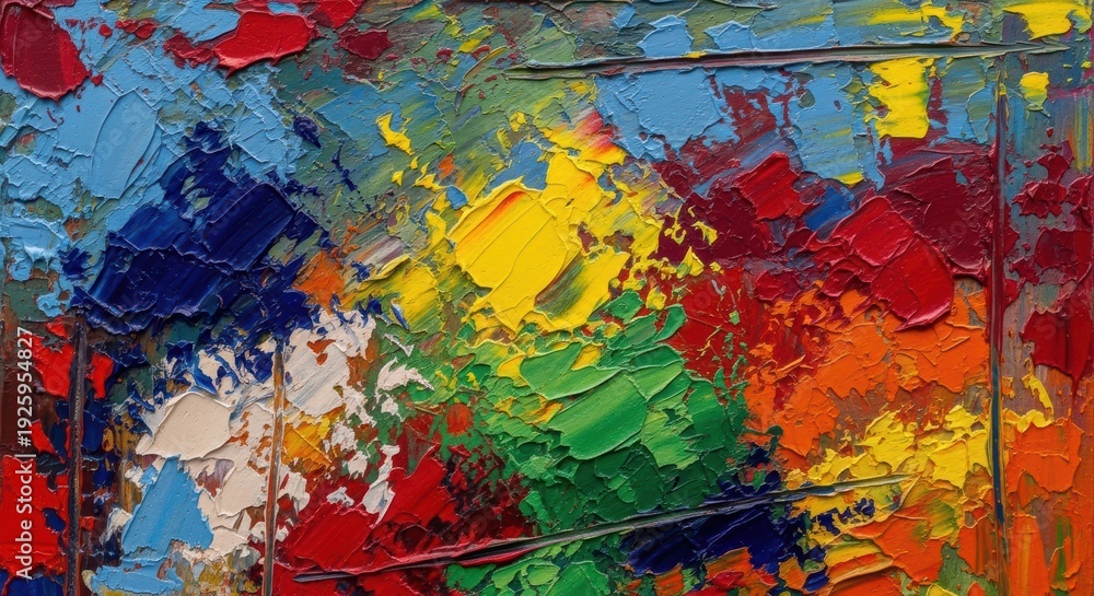 Fototapeta premium Vibrant abstract oil painting with thick textured brushstrokes and palette knife strokes showcasing colorful artistic expression and creative freedom.
