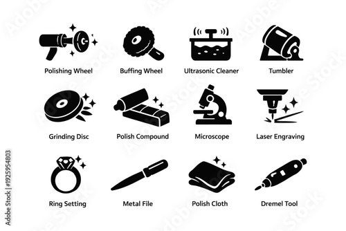 Black silhouette icons of polishing and engraving tools