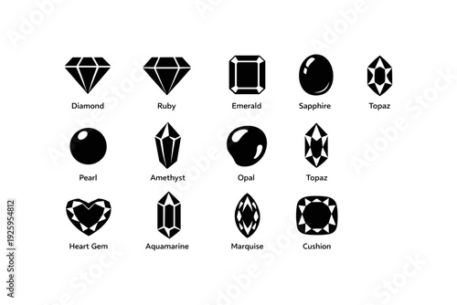 Gemstone collection: diamond, ruby, emerald, sapphire, topaz, pearl, amethyst, opal, aquamarine