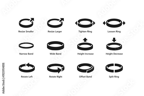 Ring size adjustment icons for modification and customization