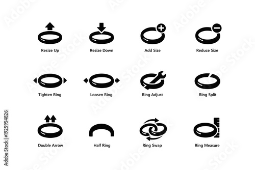 Ring adjustment icons: resize, tighten, measure, split, and swap symbols