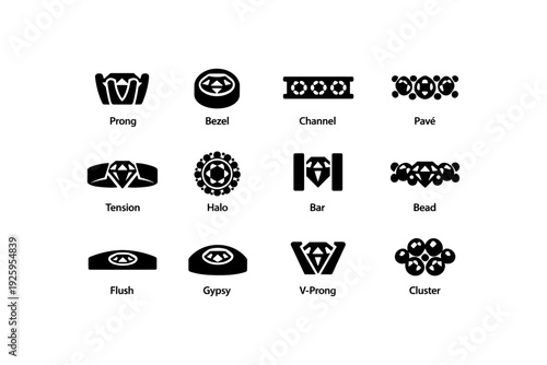 Twelve different engagement ring setting styles with icons