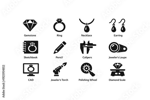 Jewelry design tools and symbols: gems, rings, necklaces, and more