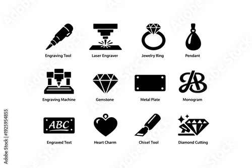 Jewelry and engraving icons: tools, rings, gems, pendants, monograms, charms