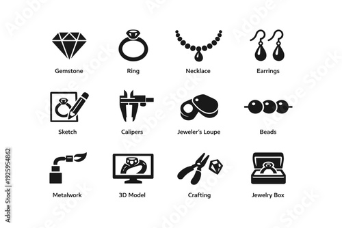 Jewelry design icons set including gemstone ring necklace earrings and tools