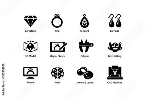 Jewelry design icons with tools and accessories including ring and earrings