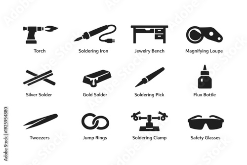 Jewelry making tools: torch, soldering iron, jewelry bench, magnifying loupe, safety glasses
