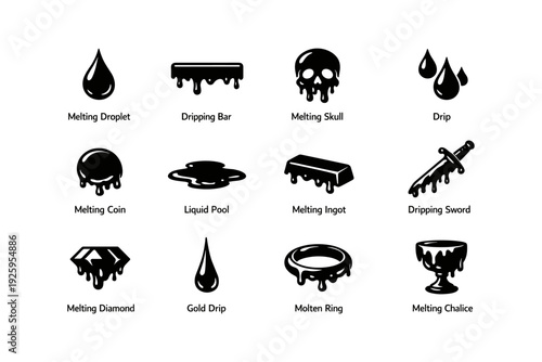 Dripping symbols collection: skull, sword, coin, chalice, and more
