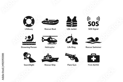 Emergency rescue equipment and procedures: comprehensive set of icons