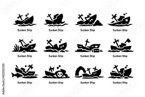 Vector icons of sunken ships with diverse ocean themes