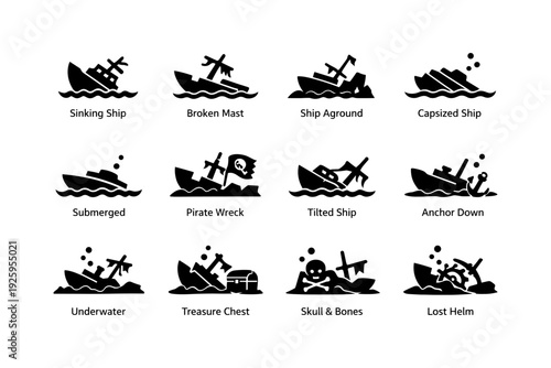 Nautical symbols collection: sinking ship, pirate wreck, treasure chest icons