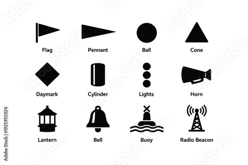 Nautical symbols: flag, cone, buoy, lantern, horn, radio beacon