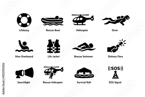 Emergency rescue icons: helicopter, lifebuoy, diver, flare, and more