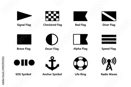 Signal flags and symbols collection featuring nautical and communication icons