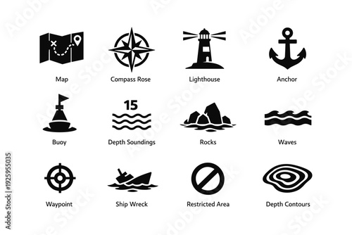 Nautical navigation icon set featuring map compass lighthouse anchor buoy waves