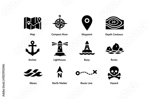 Nautical symbols collection featuring map compass anchor and lighthouse icons