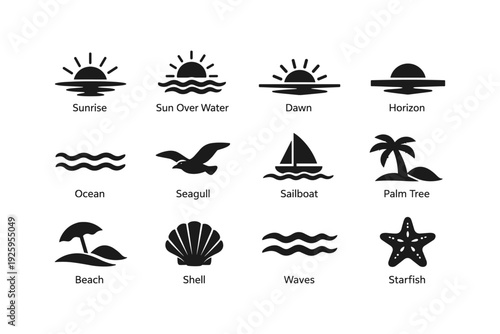 Icon set featuring ocean themes: sunrise, seagull, palm tree, waves, starfish