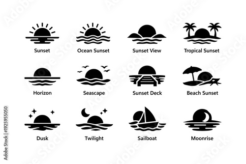 Sunset icons: ocean, beach, tropical, boat, moonrise silhouettes