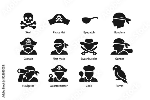 Pirate icon collection: skull, hat, eyepatch, bandana, parrot, and more