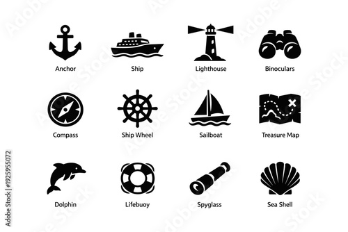 Nautical icons collection: anchor, ship, lighthouse, binoculars, compass, wheel