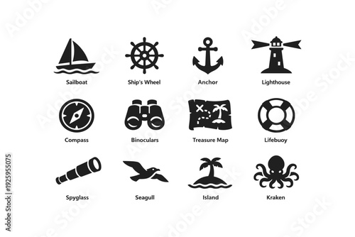 Nautical icons collection featuring sailboat anchor lighthouse and more
