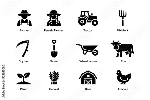 Farming icons set: farmer, tractor, barn, cow, chicken, tools, harvest symbols