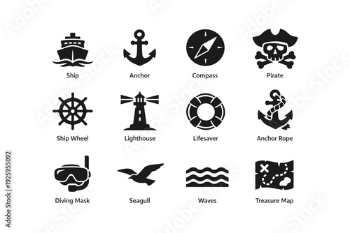 Nautical icons collection: ship, anchor, compass, pirate symbol, lighthouse, lifesaver, map
