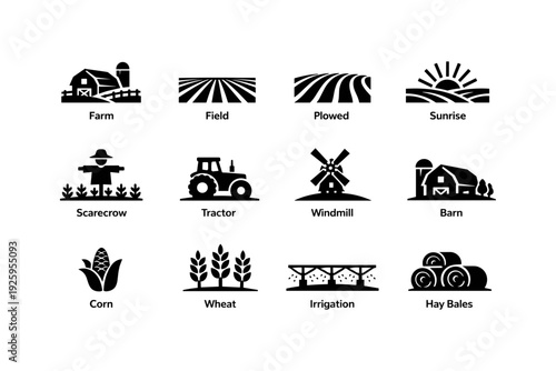 Farm icons: barn, tractor, windmill, corn, wheat, scarecrow, irrigation, hay bales, plowed fields, sunrise
