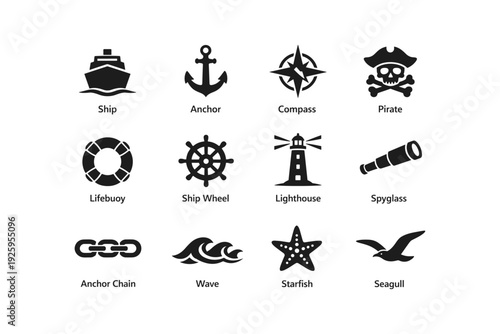Nautical symbols: ship, anchor, compass, pirate, lighthouse