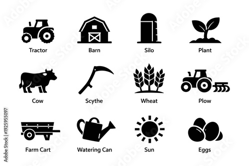 Farm icons collection: tractor, barn, silo, cow, wheat, more