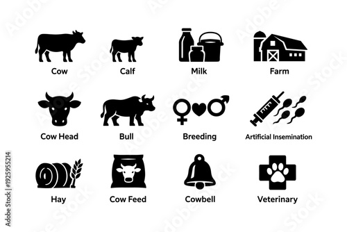Farm icons: cow, calf, milk, barn, veterinary, breeding, and feeding symbols