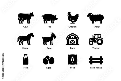 Farm animal and equipment icons: cow, pig, chicken, tractor, fence, barn, milk, eggs