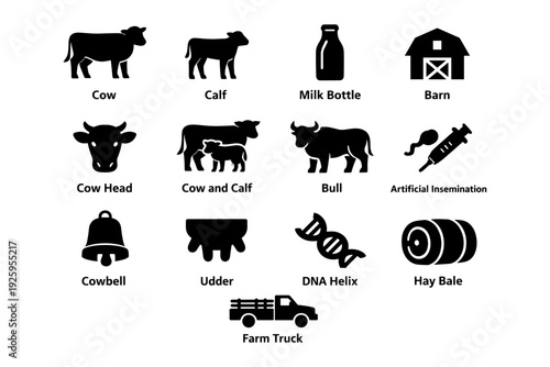 Farm animal icons: cow, calf, milk bottle, barn, bull, cowbell, udder, dna helix, farm truck