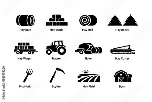Farming equipment silhouettes: hay bale, tractor, barn, and more