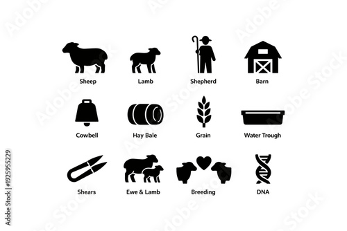 Farm animal icons: sheep, shepherd, barn, ewe, lamb, breeding, agriculture symbols