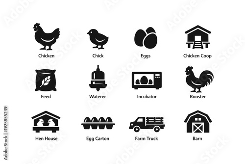 Farm icons: chicken, chick, eggs, coop, feed, rooster, barn, more